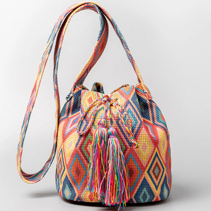 Mocoer Colorful Geometry Flowers Print Canvas Bucket Crossbody Bag Shoulder Bag - Mocoer