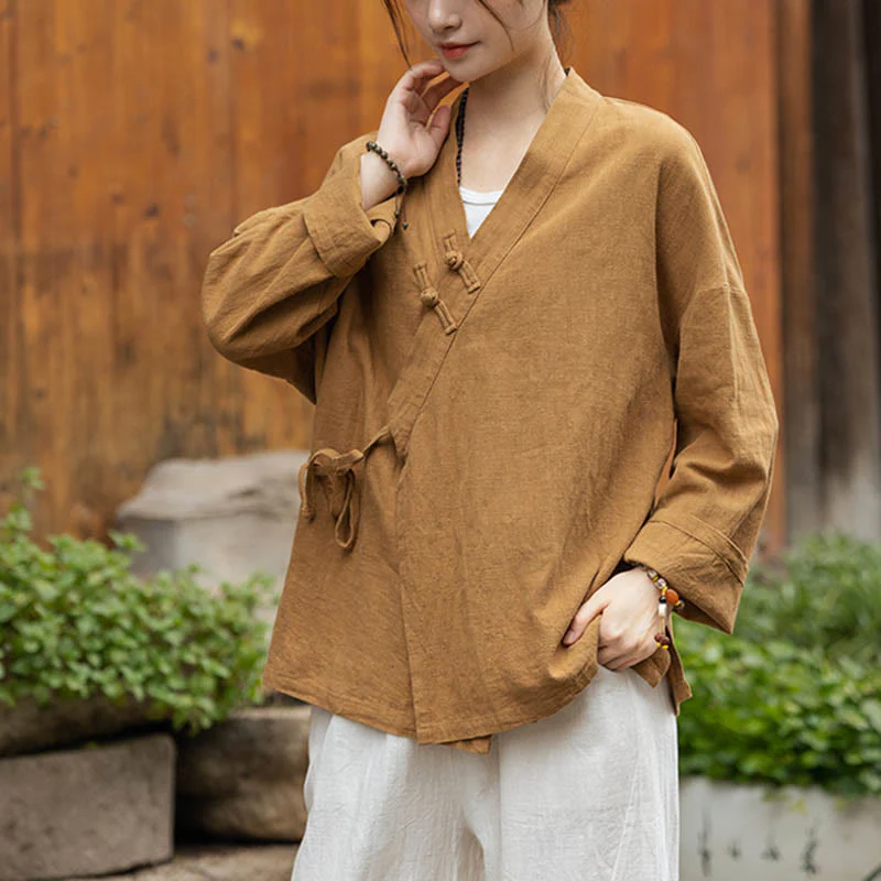 Mocoer Frog-Button Hanfu Design Shirt Top Ramie Linen Jacket - Mocoer