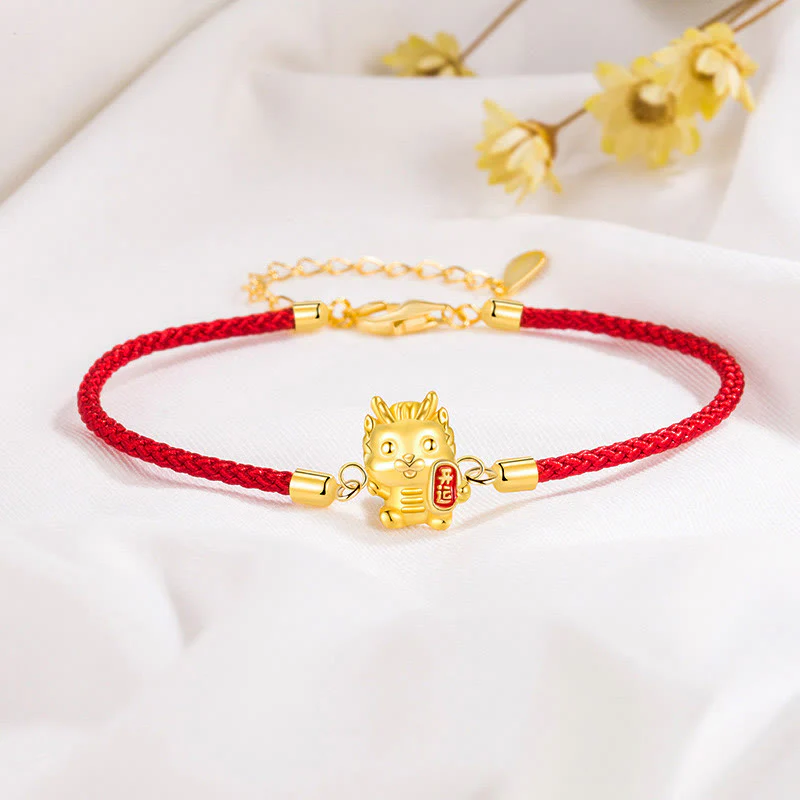 Mocoer 925 Sterling Silver Year Of The Dragon Lucky Golden Dragon Strength Red Rope Chain Bracelet - Mocoer