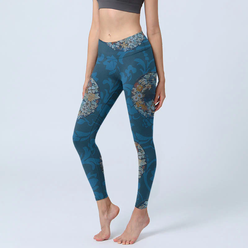 Mocoer Dark Blue Flowers In Bloom Print Sports Leggings Women's Yoga Pants - Mocoer