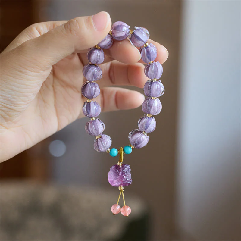 Mocoer Liuli Glass Bead Lotus Design Fluorite Ivory Fruit Dancing Lion Charm Enlightenment Bracelet - Mocoer