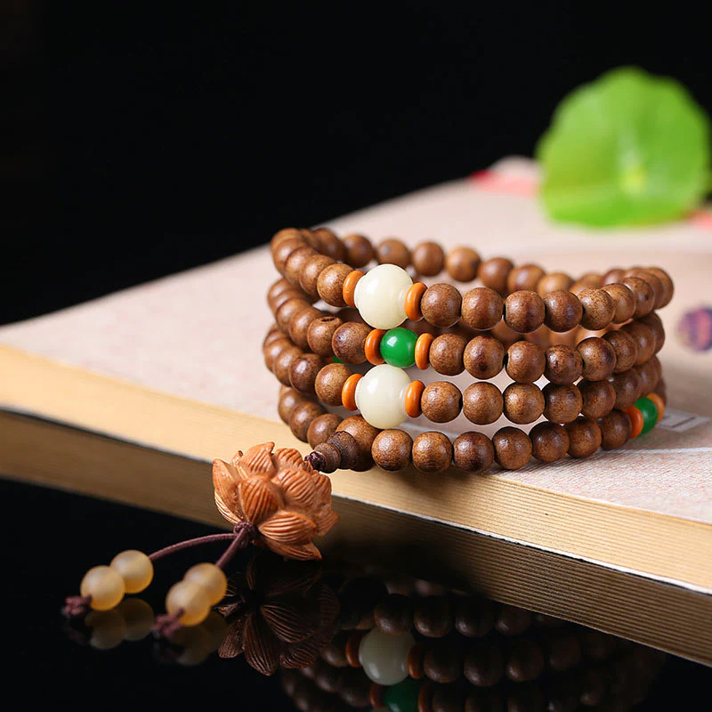 Mocoer 108 Mala Beads Peach Wood Bodhi Seed Lotus Prayer Meditation Bracelet - Mocoer
