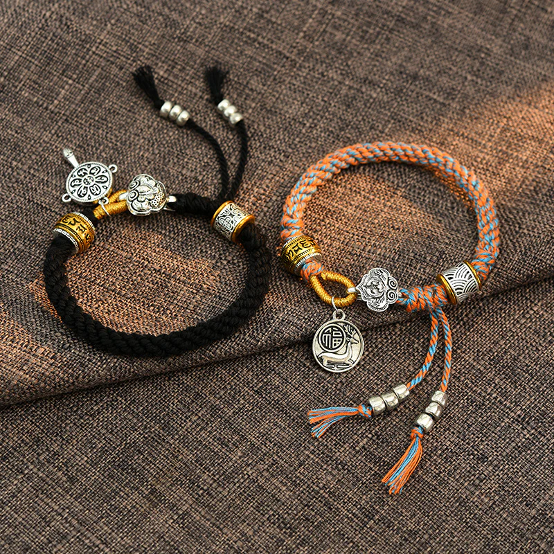 Mocoer Handmade Tibetan Om Mani Padme Hum Fu Character Luck Fortune Braided Bracelet - Mocoer