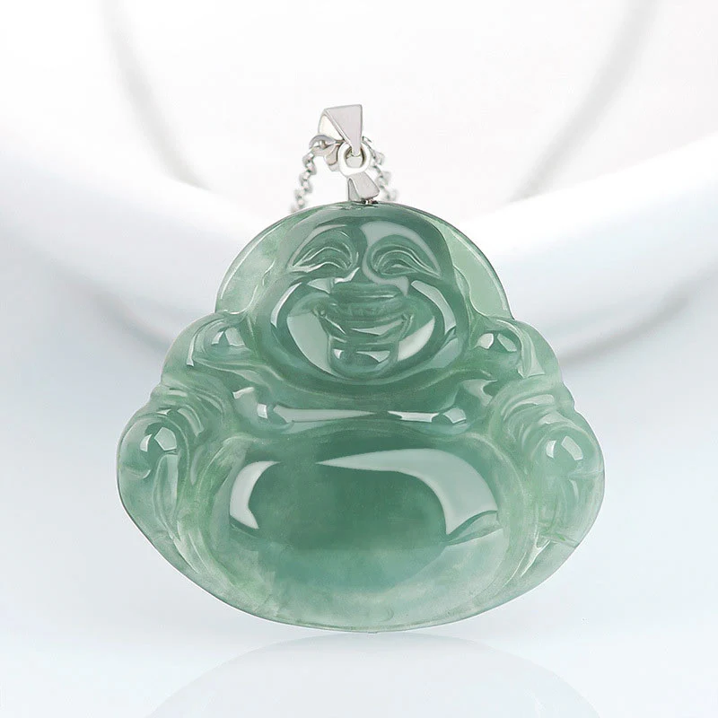 Mocoer 925 Sterling Silver Laughing Buddha Jade Protection Calm Necklace Chain Pendant - Mocoer