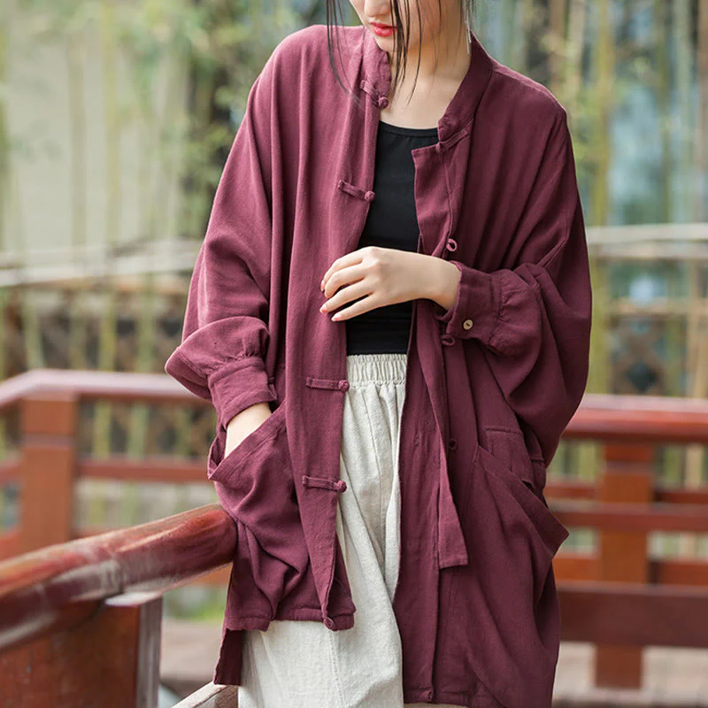 Mocoer Frog-Button Long Sleeve Zen Meditation Open Front Jacket With Pockets - Mocoer