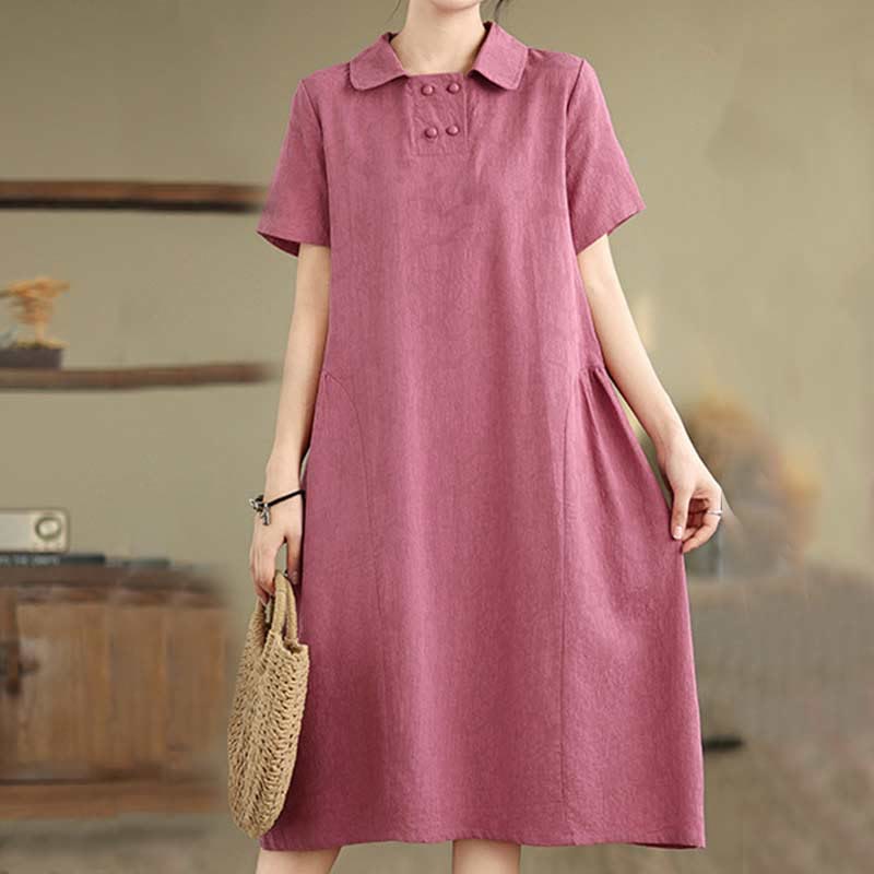 Mocoer Casual Plain Jacquard Lapel Cotton Linen Midi Dress With Pockets - Mocoer