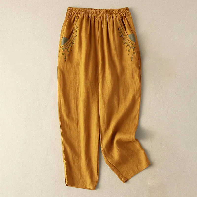 Mocoer Vintage Embroidery Elastic Waist Harem Pants With Pockets - Mocoer
