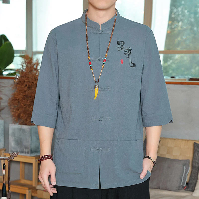 Mocoer Frog-Button Chinese Tang Suit Three Quarter Sleeve Cotton Linen Men's Shirt - Mocoer