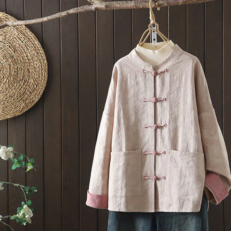 Mocoer Solid Color Casual Frog-button Ruffle Collar Cotton Linen Women's Jacket Shirts Clothing - Mocoer