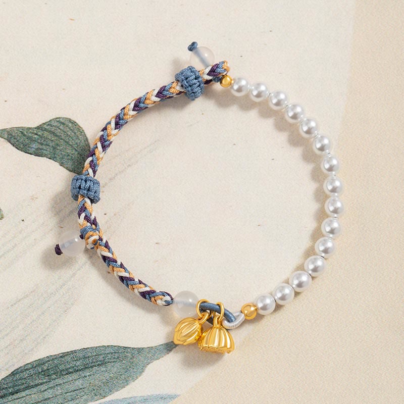 Mocoer 925 Sterling Silver Lotus Pearl Colorful Rope Chalcedony Prosperity Bracelet - Mocoer