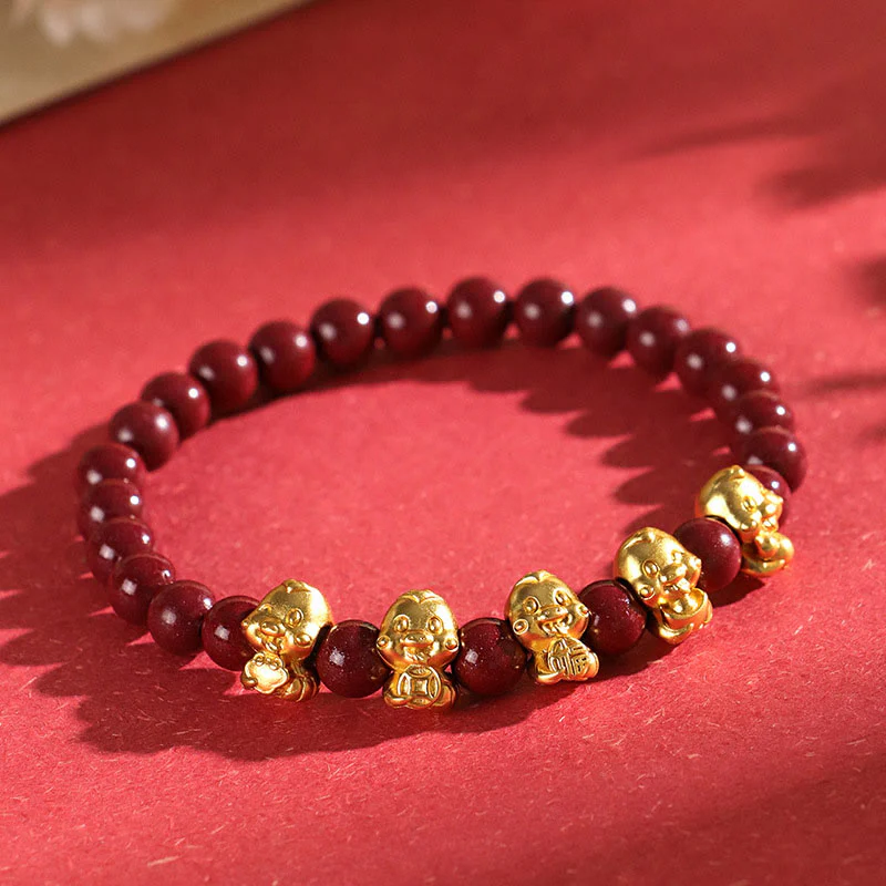 Mocoer Cinnabar 999 Sterling Silver Fu Character Coin Gold Ingot Year of the Snake Calm Bracelet - Mocoer
