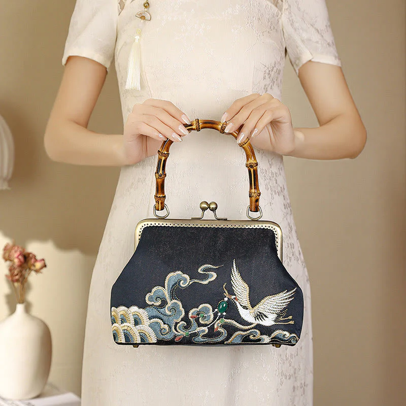 Mocoer Auspicious Clouds Cranes Embroidery Bamboo Handle Handbag Crossbody Bag - Mocoer