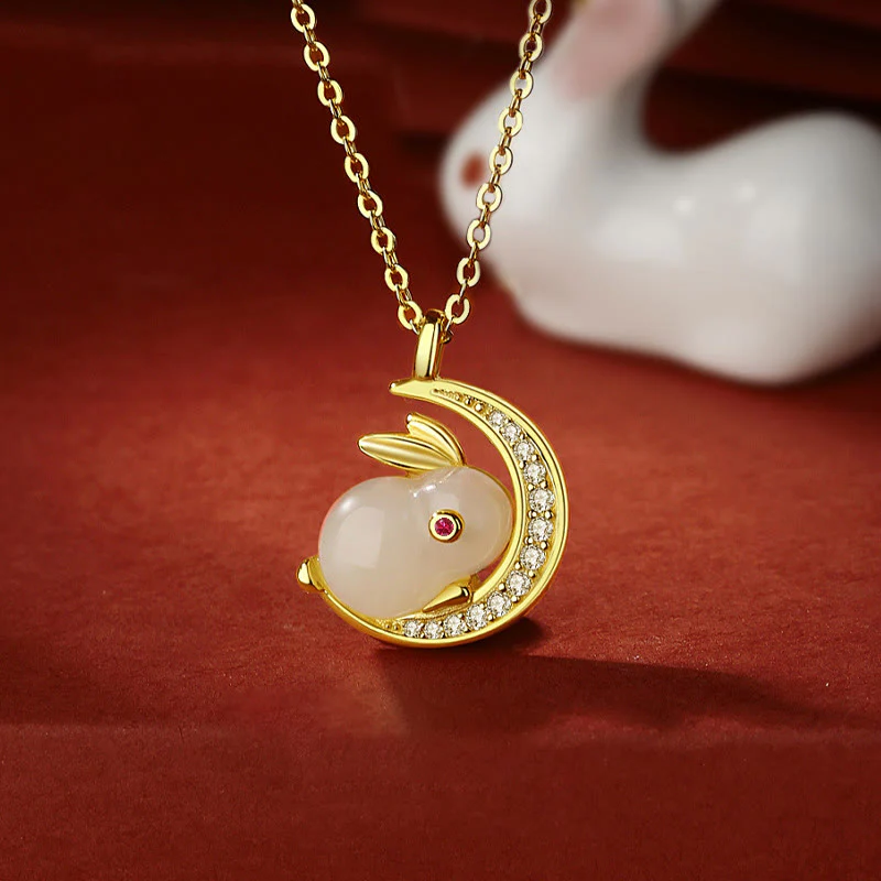 Mocoer 925 Sterling Silver Hetian White Jade Rabbit Crescent Moon Luck Necklace Pendant - Mocoer