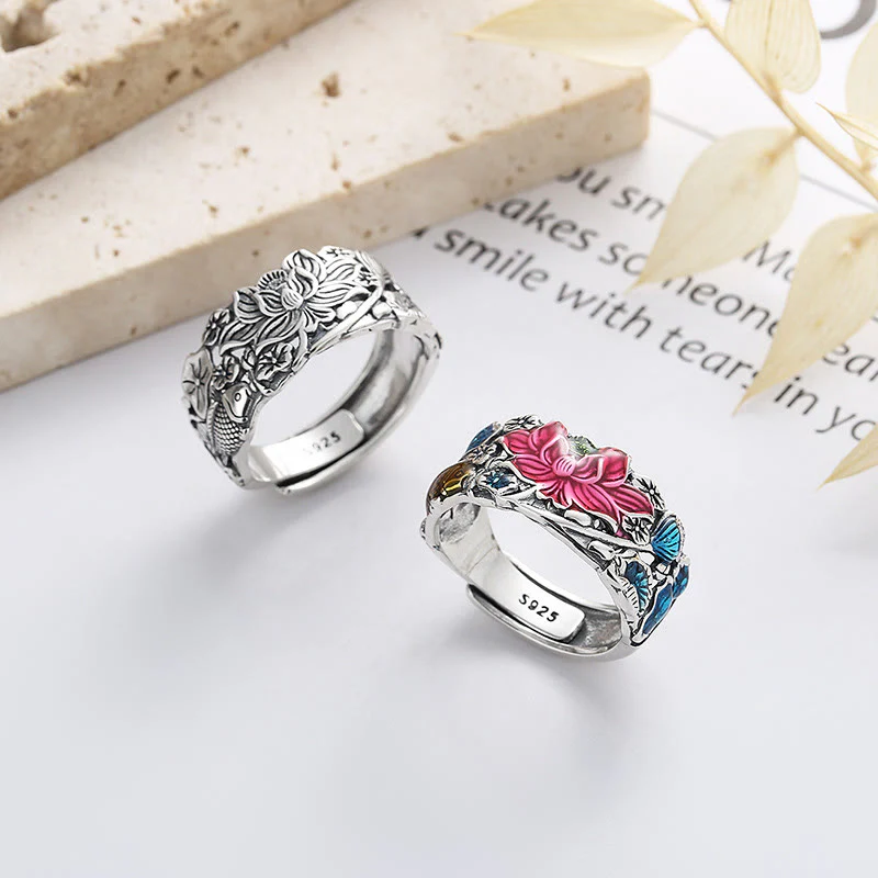 Mocoer 925 Sterling Silver Koi Fish Lotus Flower Prosperity Ring - Mocoer