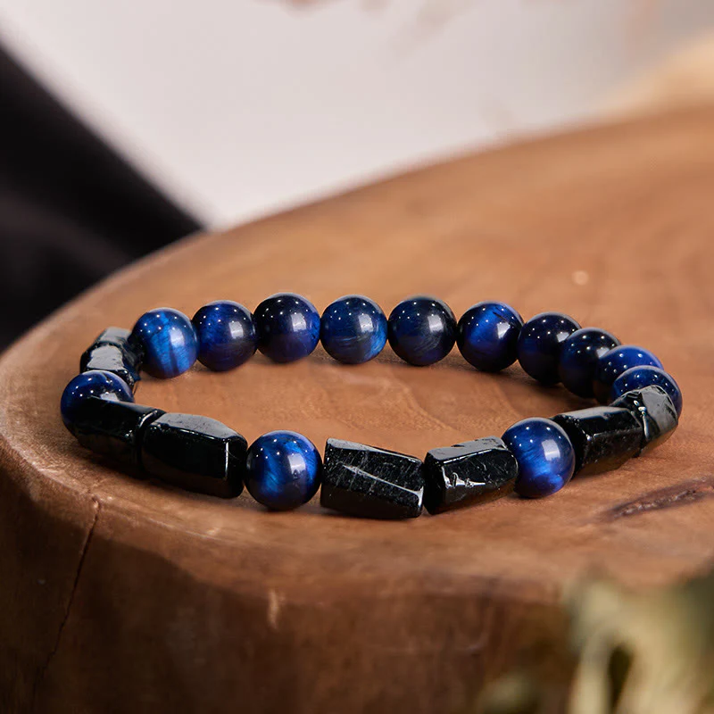 Mocoer Blue Tiger Eye Black Tourmaline Strength Bracelet - Mocoer