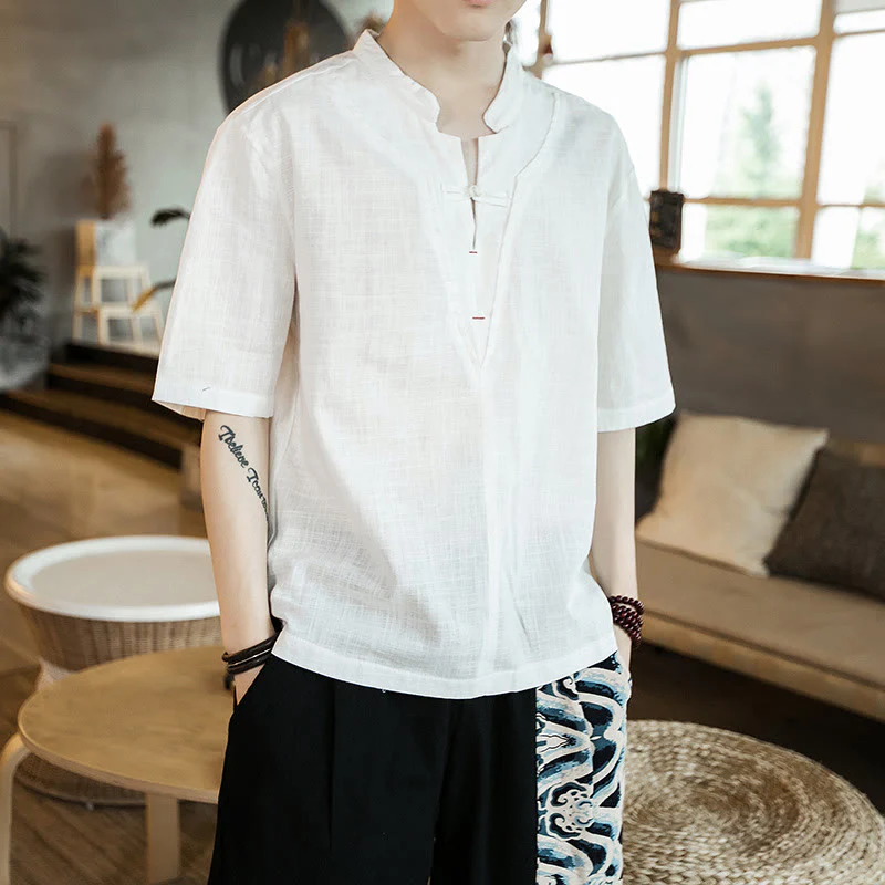 Mocoer Summer Plain Color Frog-Button Notched Neck Men's Half Sleeve Cotton Shirt - Mocoer