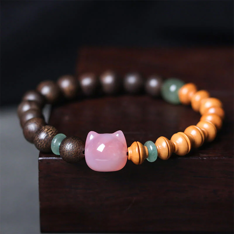Mocoer 6mm Qinan Agarwood Olive Pit Yanyuan Agate Cat Shape Balance Bracelet - Mocoer
