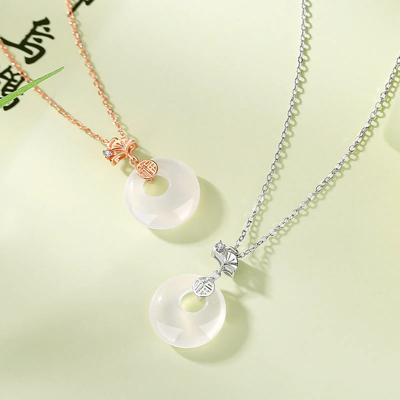 Mocoer 925 Sterling Silver Ginkgo Leaf Butterfly Rose Chalcedony Hetian Jade Peace Buckle Fu Character Harmony Necklace Pendant - Mocoer