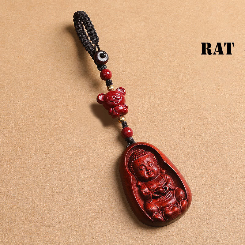 Mocoer Small Leaf Red Sandalwood Buddha Cinnabar Chinese Zodiac Amulet Protection Key Chain - Mocoer