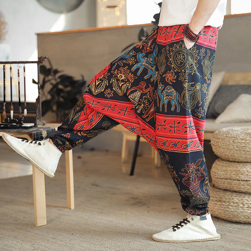 Mocoer Colorful Camel Figure Pattern Cotton Men's Harem Pants With Pockets - Mocoer