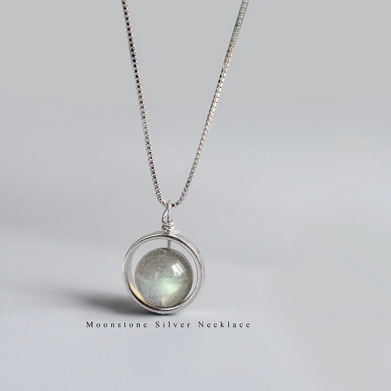 Mocoer 925 Sterling Silver Moonstone Love Planet Rotatable Pattern Necklace Pendant - Mocoer