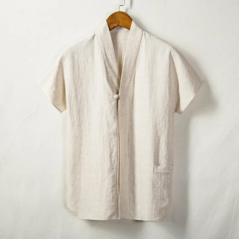 Mocoer Men's Short Sleeve Shirt With Pocket V Neck Cardigan Comfort Cotton Linen Shirt - Mocoer