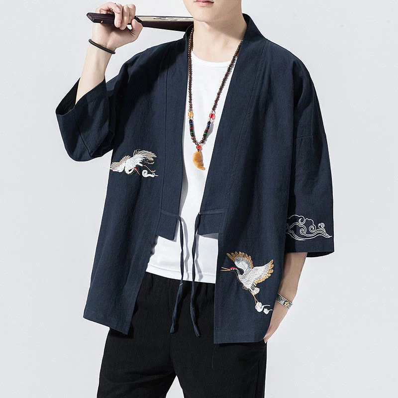 Mocoer Solid Color Embroidery Cranes Auspicious Cloud Pattern Open Front Jacket Cotton Linen Men's Kimono - Mocoer