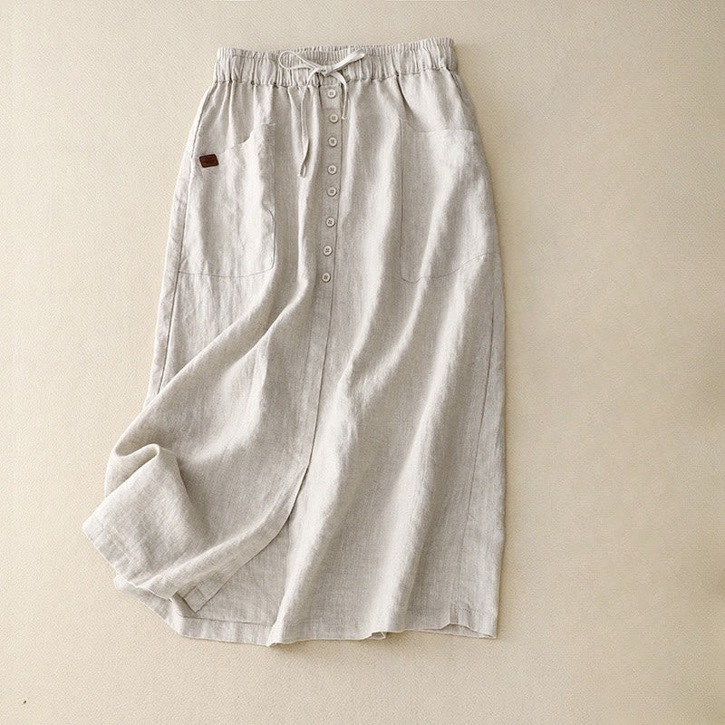 Mocoer Spring Lace-Up Button Slit Design Women's Cotton Linen Skirt With Pockets - Mocoer