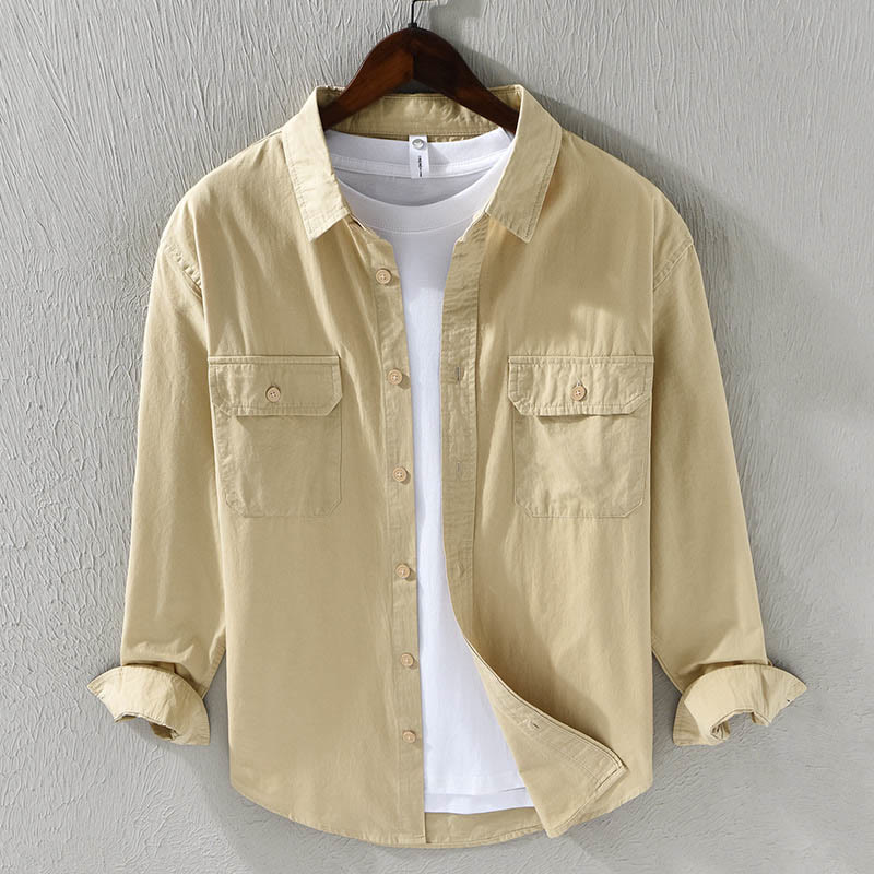 Mocoer Men's Long Sleeve Turn-down Collar With Pocket Pure Color Casual Cotton Shirt - Mocoer