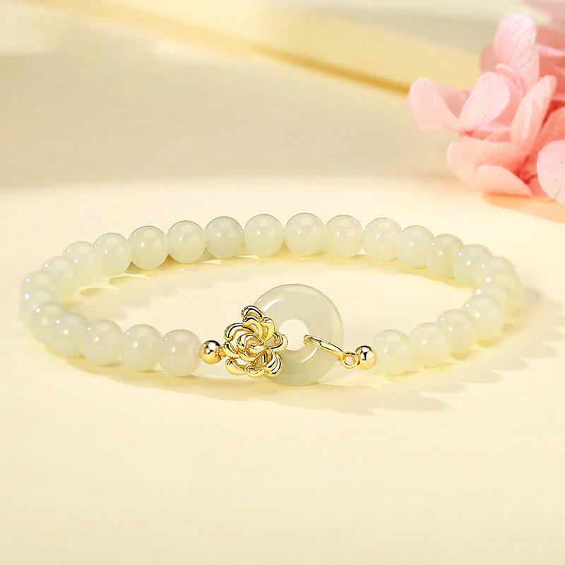 Mocoer 925 Sterling Silver Natural Hetian Jade Autumn Chrysanthemum Peace Buckle Prosperity Bracelet - Mocoer