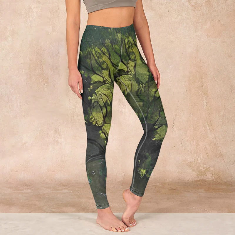 Mocoer ForestGreen Leaves Black Lines Print Exercise Leggings Women's Yoga Pants - Mocoer