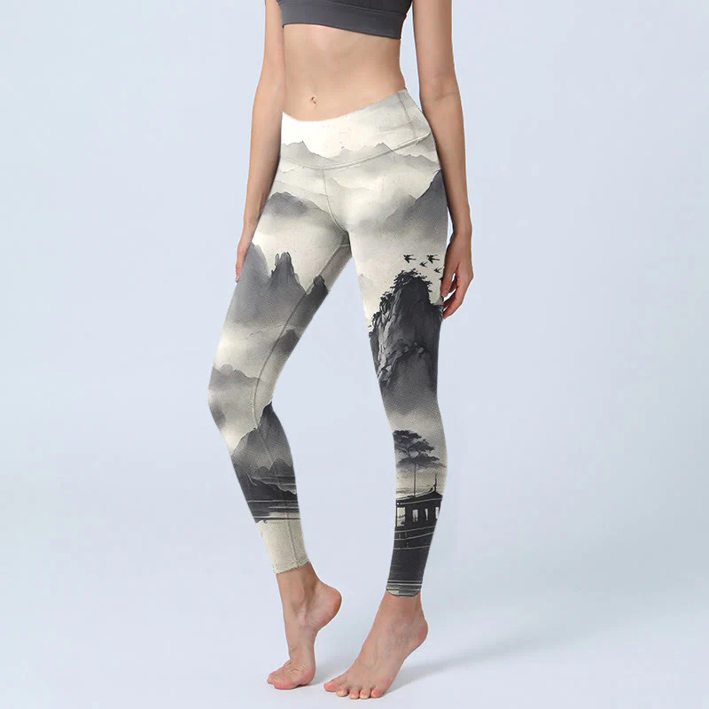 Mocoer Splash-ink Landscape Painting Print Fitness Leggings Women's Yoga Pants - Mocoer