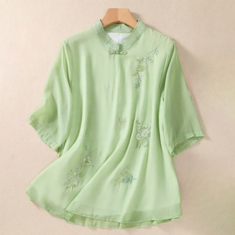 Mocoer Embroidery Plants Flower Half Sleeve Plain Frog-Button Stand Collar Women's Shirt - Mocoer