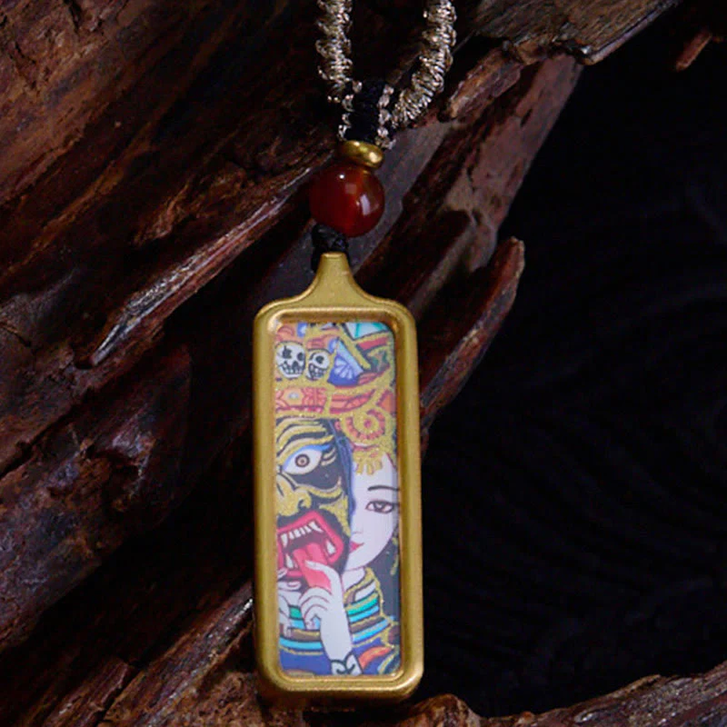Mocoer Tibet Zakiram Yellow God of Wealth Nine Tailed Fox Hand-Painted Thangka Calm Necklace Pendant - Mocoer
