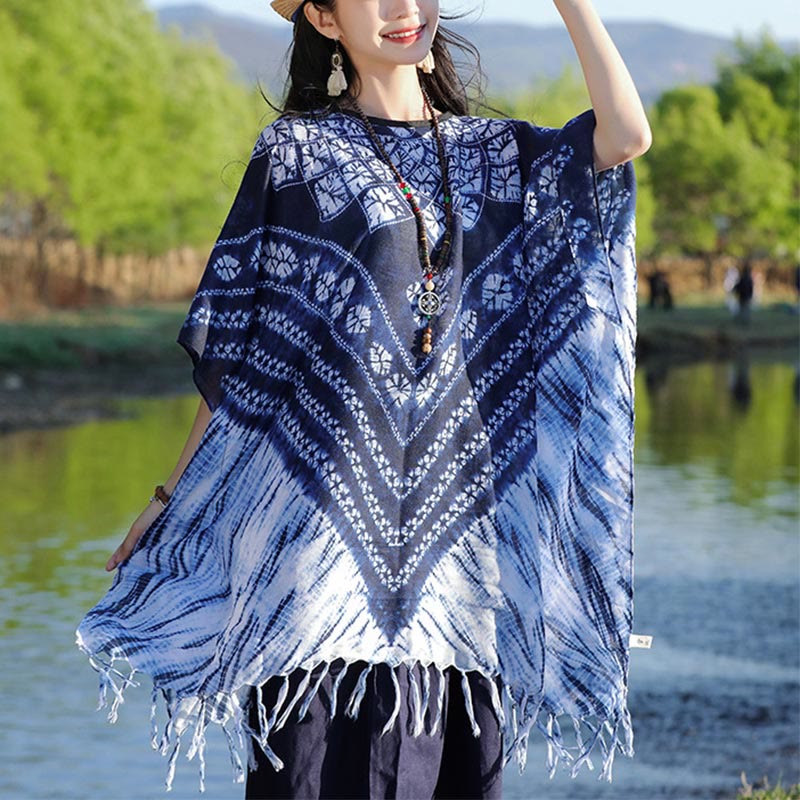 Mocoer Blue Striped Floral Indigo Dyeing Shawl Tassels Cozy Pullover 90*95cm - Mocoer