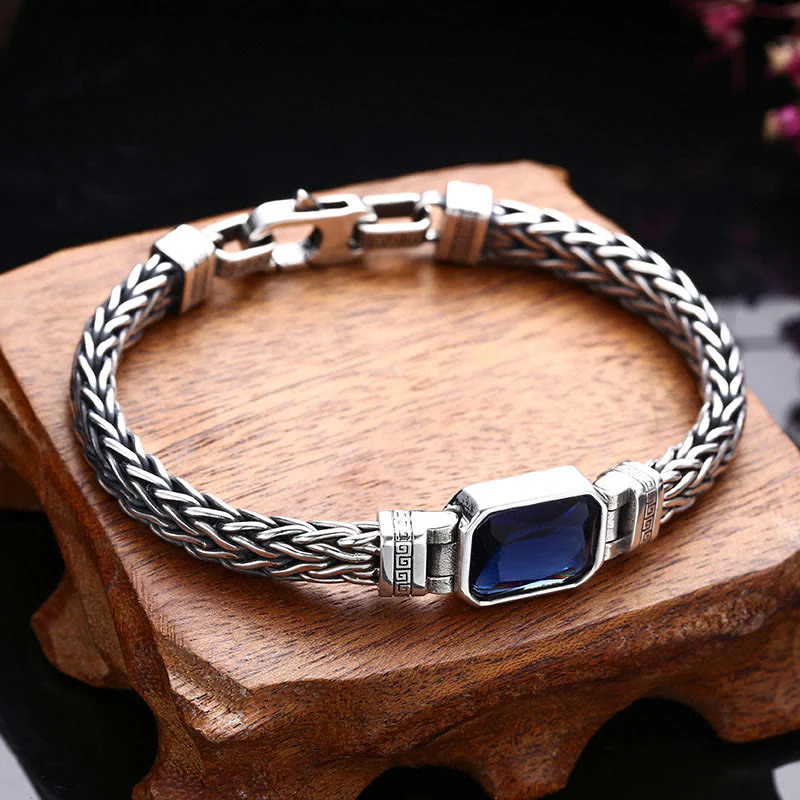 Mocoer Retro Blue Acrylic Dragon Keel Braided Design Healing Wealth Buckle Bracelet - Mocoer