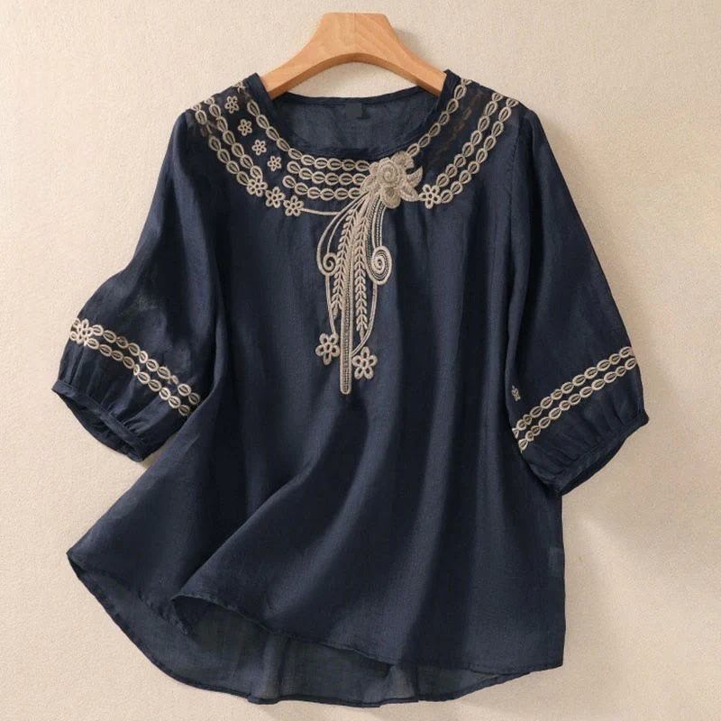 Mocoer Artistic Plain Floral Embroidered Design Crew Neck Puff Half Sleeve Cotton Linen Women's T-Shirt - Mocoer