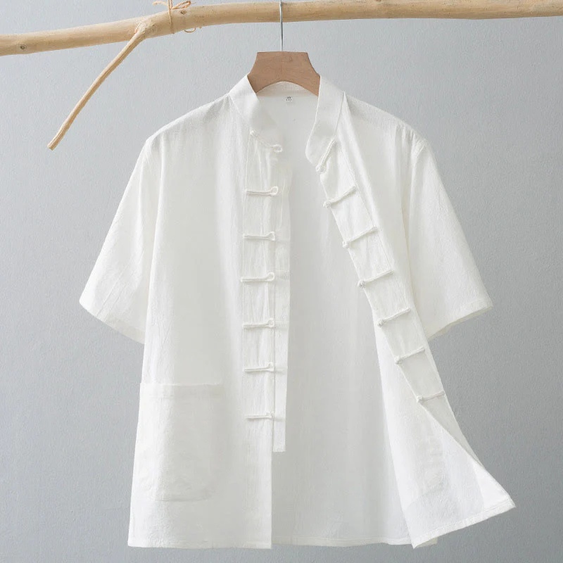 Mocoer Chinese Frog-Button Tang Suit Men's Short Sleeve Shirt Cotton Linen Clothing With Pockets - Mocoer