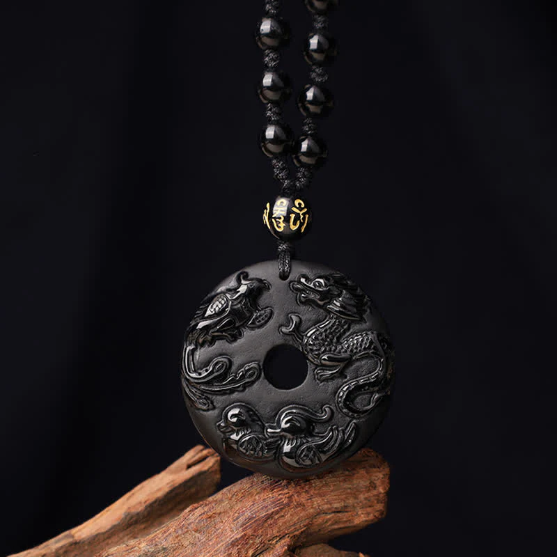 Mocoer Black Obsidian Dragon Phoenix Mandarin Duck Luck Protection Necklace Pendant - Mocoer