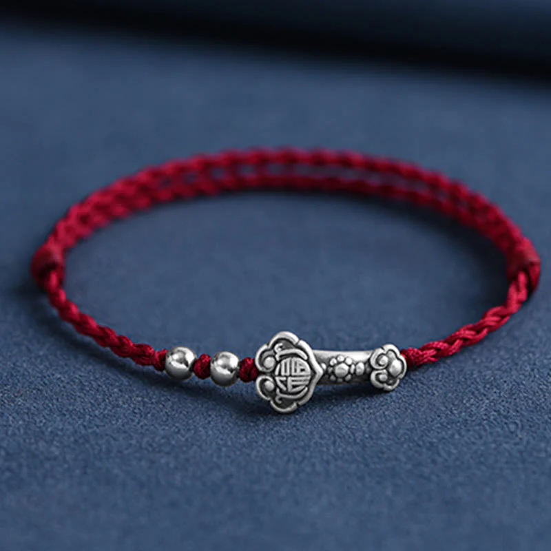 Mocoer Handmade 999 Sterling Silver Fu Character Wish Ruyi Handle Fortune Rope Bracelet Anklet - Mocoer
