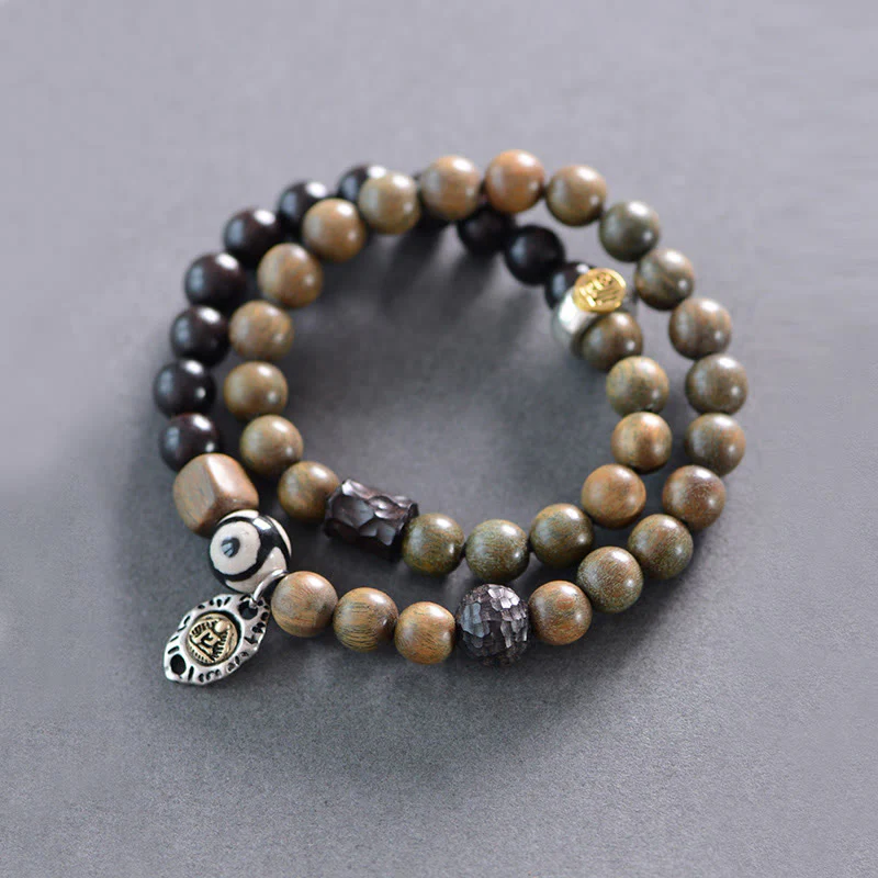 Mocoer Tibetan Green Sandalwood Ebony Wood Three-eyed Dzi Bead Fu Character Balance Peace Double Wrap Bracelet - Mocoer