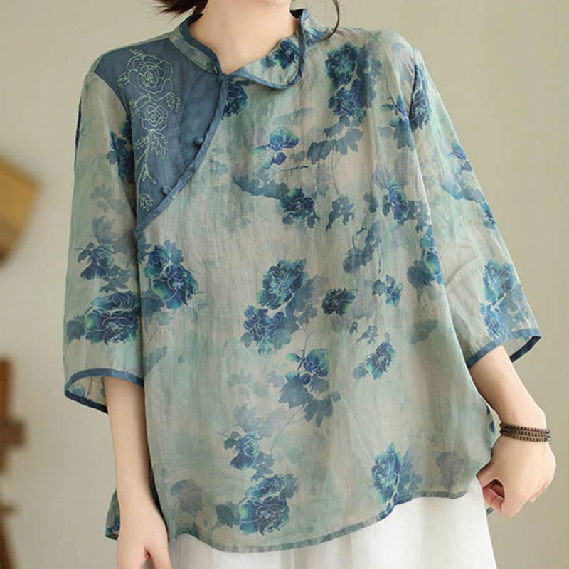 Mocoer Blue Jacaranda Flower Design Three Quarter Sleeve Ramie Linen Shirt - Mocoer