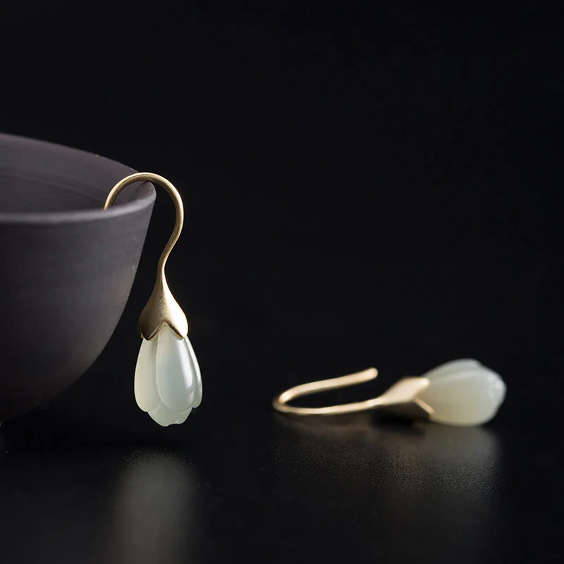 Mocoer 925 Sterling Silver Hetian Jade Magnolia Abundance Drop Earrings - Mocoer