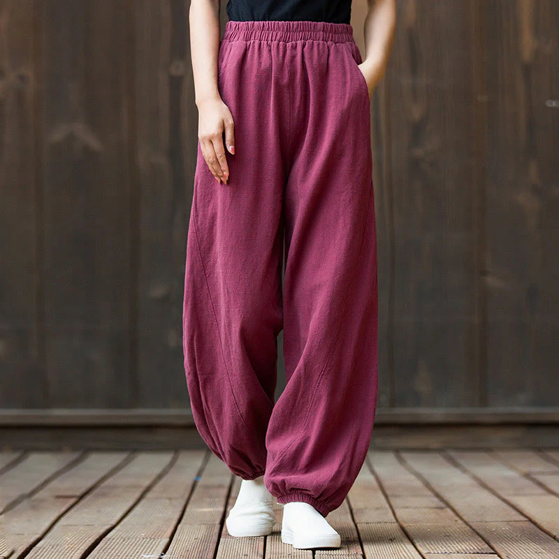 Mocoer Casual Solid Plain Color Carrot Elastic Waistband Cotton Ramie Women's Pants With Pockets - Mocoer