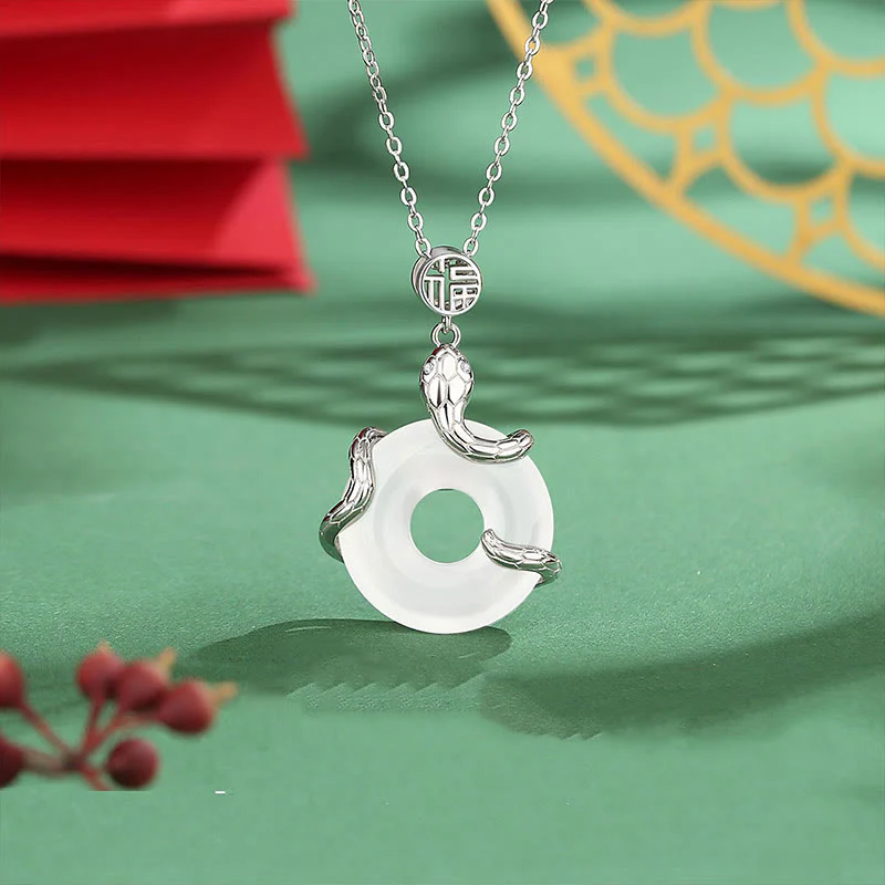 Mocoer Chalcedony Peace Buckle 925 Sterling Silver Fu Character Year Of The Snake Positive Necklace Pendant - Mocoer