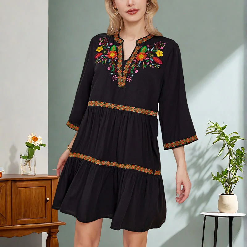 Mocoer Black Loose Bohemian Embroidery Floral Geometric Pattern Three Quarter Sleeve Cotton Midi Dress - Mocoer