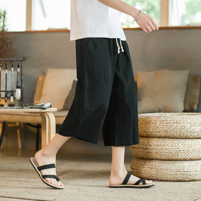 Mocoer Solid Color Mid-length Linen Men's Wide Leg Pants With Pockets - Mocoer