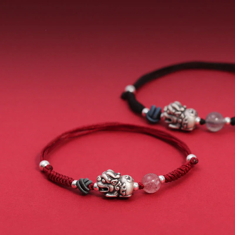 Mocoer 999 Sterling Silver PiXiu Strawberry Quartz Bead Wealth Luck Braided Bracelet - Mocoer