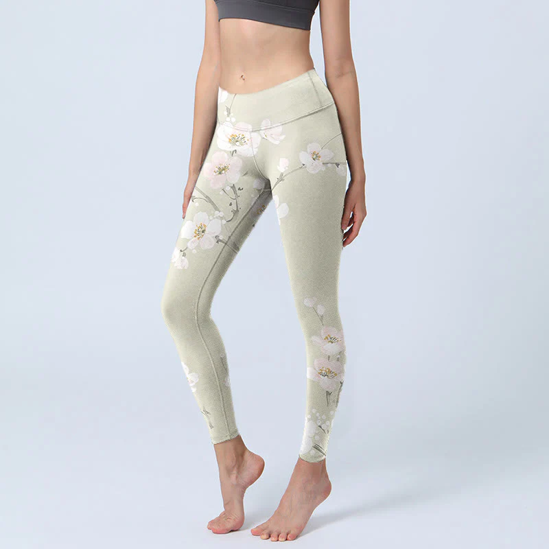 Mocoer Beige Plum Blossoms Print Gym Leggings Women's Yoga Pants - Mocoer