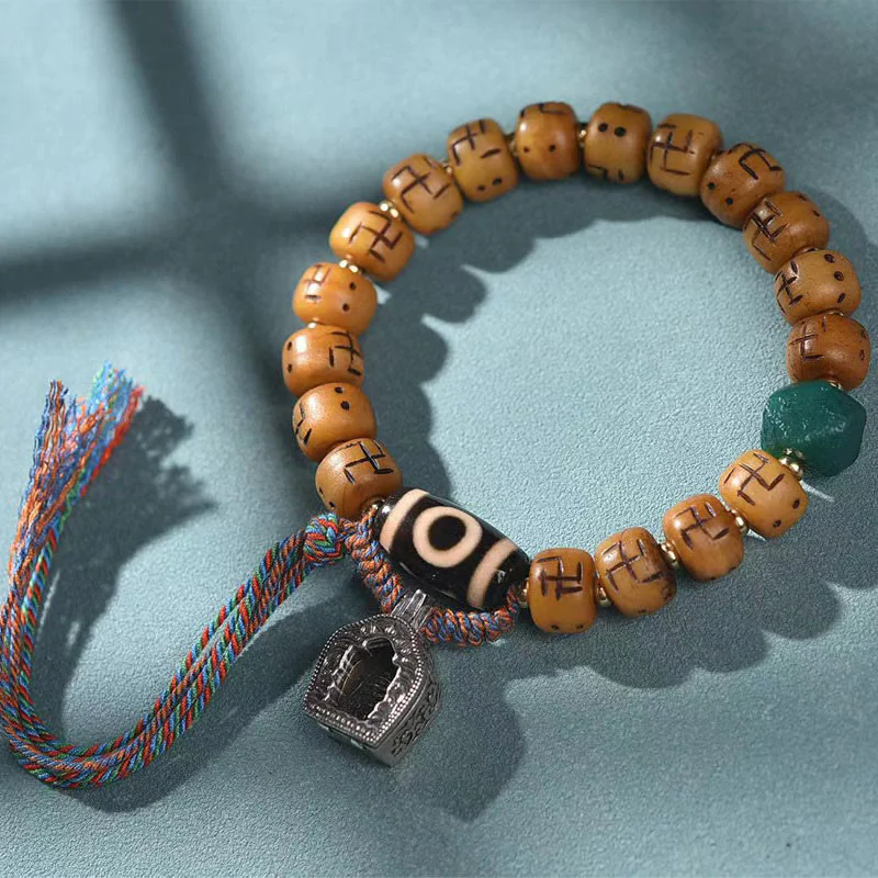 Mocoer Natural Tibetan Camel Bone Swastika Dzi Bead Shankha Buddha Charm Kirtimukha Luck Protection Tassel Bracelet - Mocoer